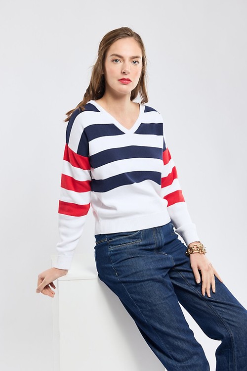 Pull rayé col V - coton